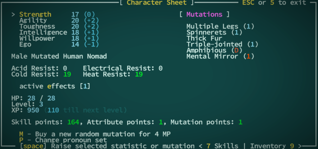 Character screen in Qud