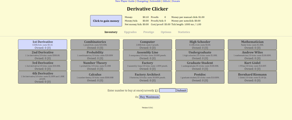Derivative Clicker has quite the clear structure