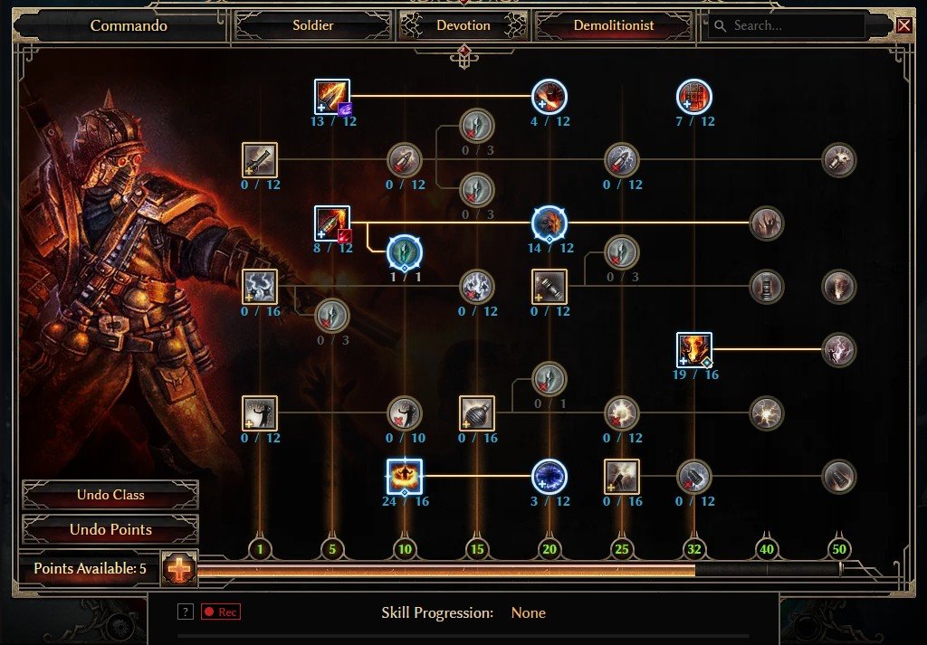 Grim Dawn Commando level 100 Demolitionist skill tree in GrimTools with Thermite Mine, Blackwater Cocktail, Demon Fire and Vindictive Flame