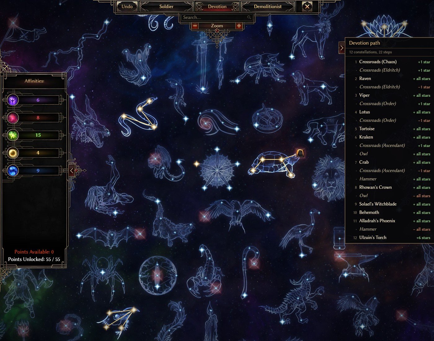 Grim Dawn Commando level 100 devotion map in GrimTools with the full devotion path ending in Ulzuin's Torch