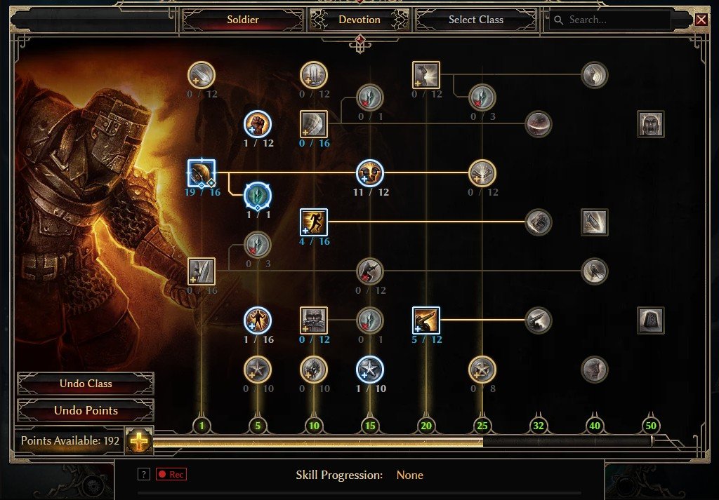 Grim Dawn Commando level 20 Soldier skill tree in GrimTools with Forcewave, Rending Force, Blitz and Field Command allocated