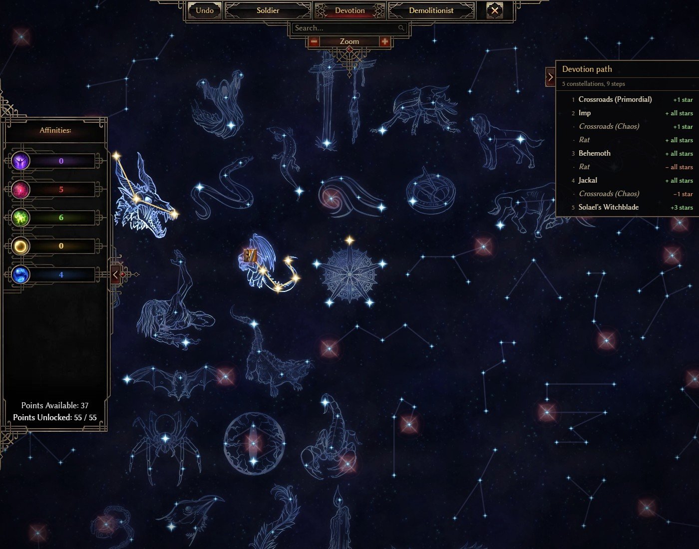 Grim Dawn Commando level 30 devotion map in GrimTools with the devotion path list showing Imp, Behemoth, Jackal and Solael's Witchblade