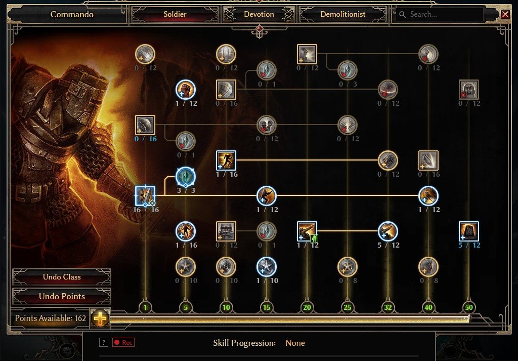 Grim Dawn Commando level 30 Soldier skill tree in GrimTools with Cadence at 16/16, Menhir's Bulwark and Squad Tactics