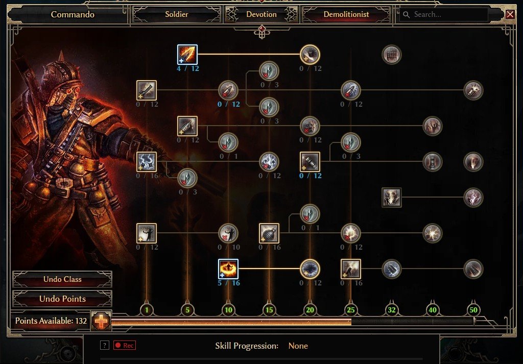 Grim Dawn Commando level 40 Demolitionist skill tree in GrimTools with Flame Touched and Vindictive Flame allocated