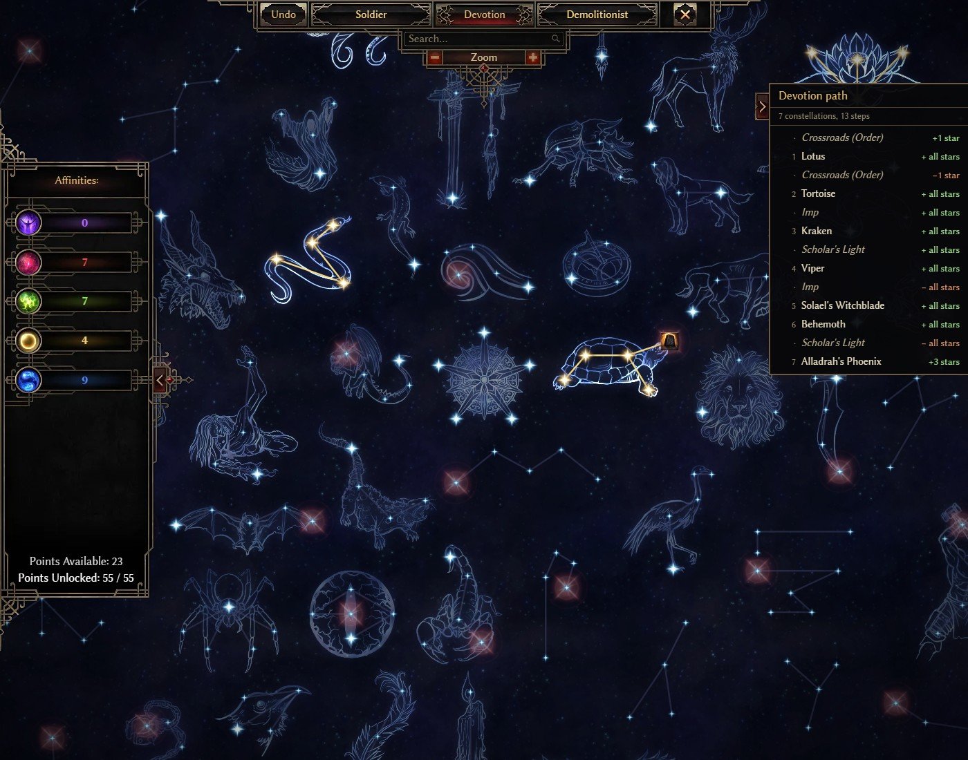 Grim Dawn Commando level 40 devotion map in GrimTools showing Lotus, Tortoise, Kraken, Viper, Solael's Witchblade, Behemoth and Alladrah's Phoenix