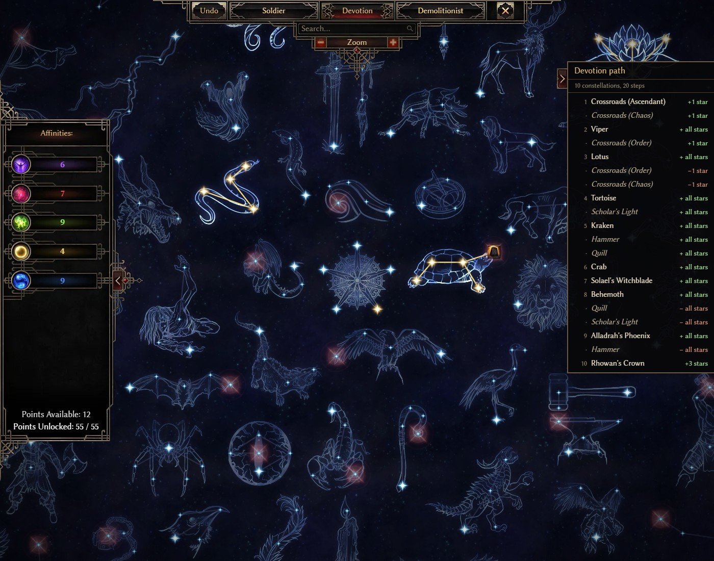 Grim Dawn Commando level 50 devotion map in GrimTools with a 20-step devotion path ending in Rhowan's Crown