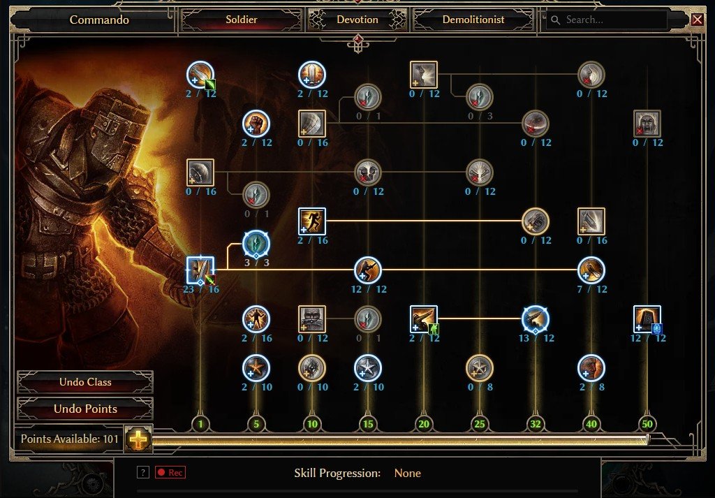 Grim Dawn Commando level 50 Soldier skill tree in GrimTools with Cadence, Fighting Form, Menhir's Bulwark and Squad Tactics maxed