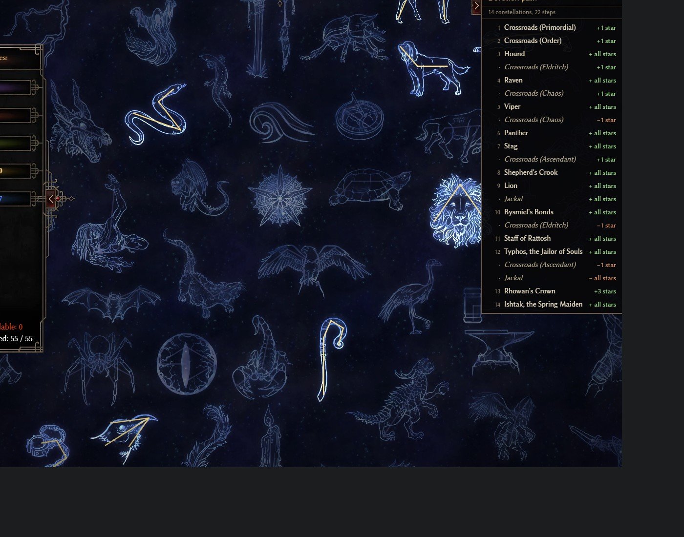 GrimTools devotion map for the level 100 lightning pet Conjurer with 55 of 55 points spent and the numbered devotion path list on the right