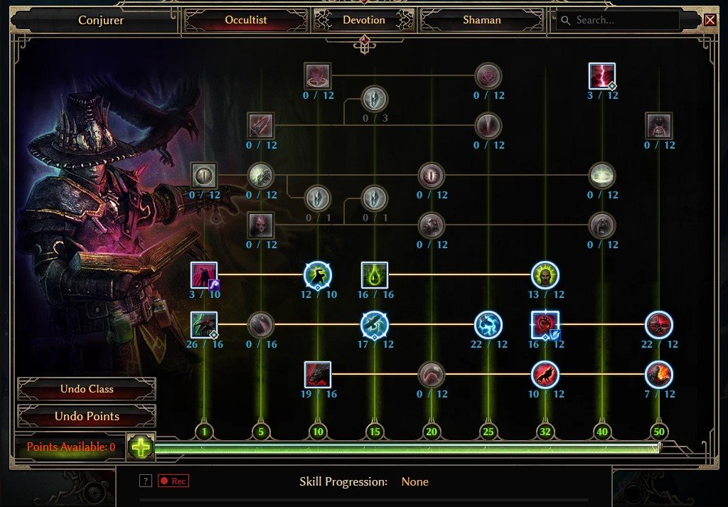 GrimTools Occultist skill tree for the level 100 lightning pet Conjurer, with Summon Familiar at 26/16, Summon Hellhound at 19/16 and Blood of Dreeg at 16/16