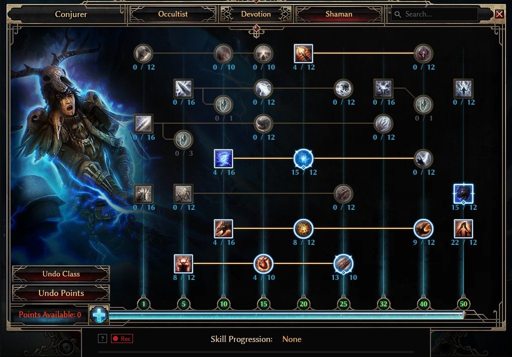 GrimTools Shaman skill tree for the level 100 lightning pet Conjurer, with Primal Bond at 22/12, Conjure Primal Spirit at 15/12 and Raging Tempest at 15/12