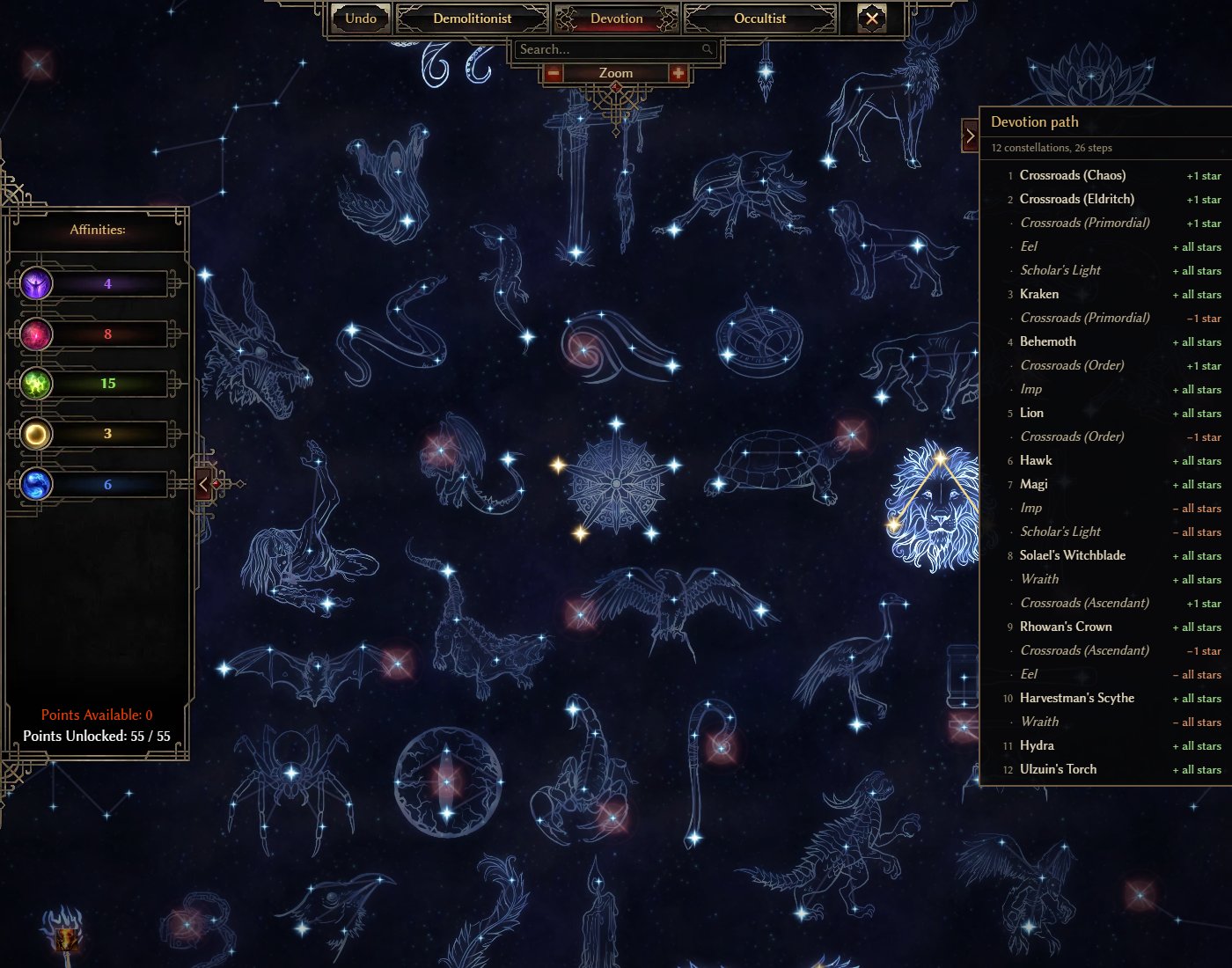 GrimTools devotion map of the level 100 Pyromancer build with 55 of 55 points and 12 constellations in the devotion path