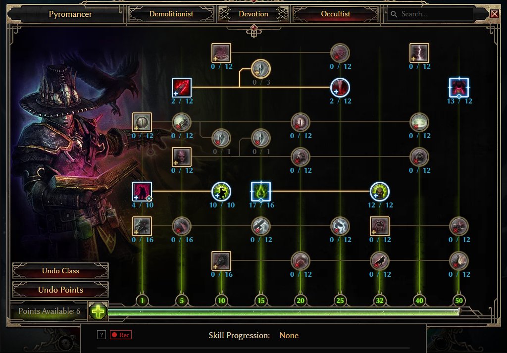 GrimTools Occultist skill tree of the finished level 100 Pyromancer with Blood of Dreeg, Aspect of the Guardian and Possession