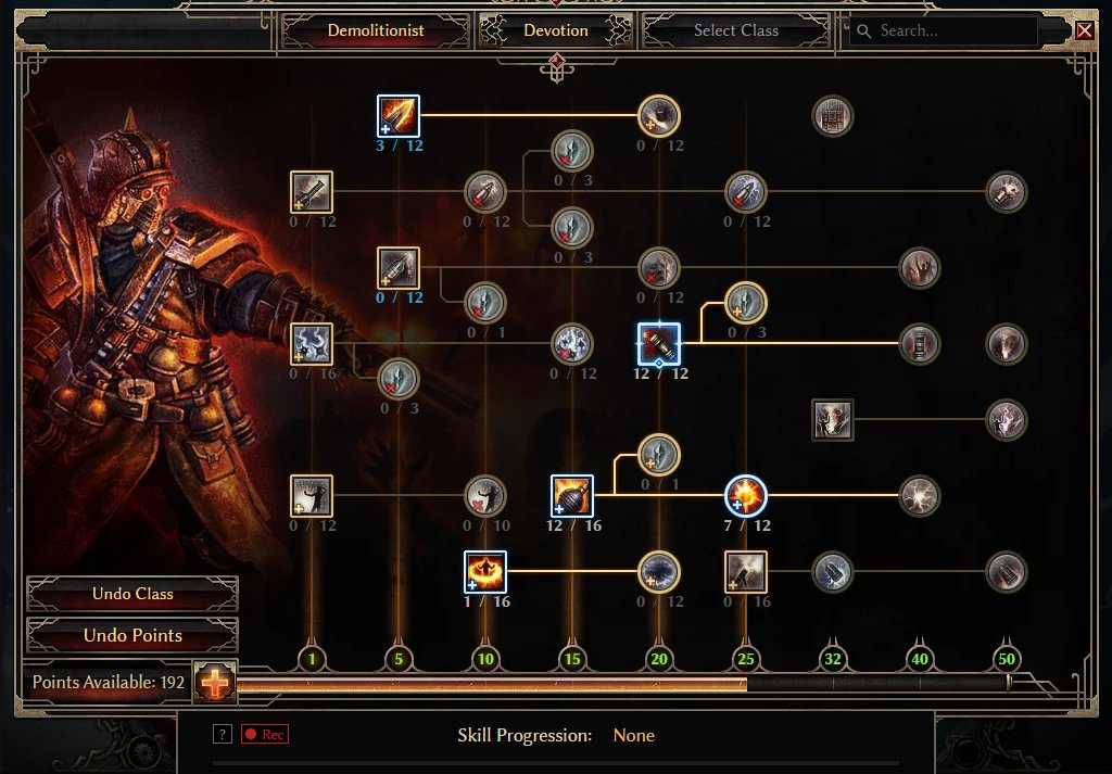 GrimTools Demolitionist skill tree at level 20 with Canister Bomb 12/12, Grenado 12/16 and High Impact 7/12