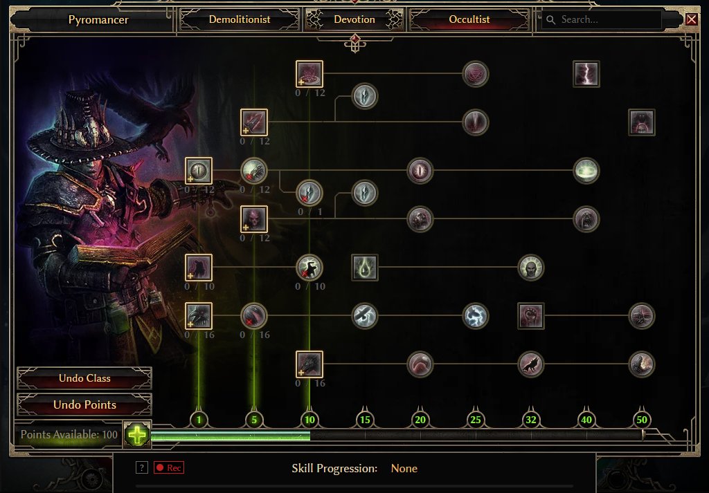 GrimTools Occultist skill tree at level 50 of the Pyromancer build, mastery chosen but no skill points spent
