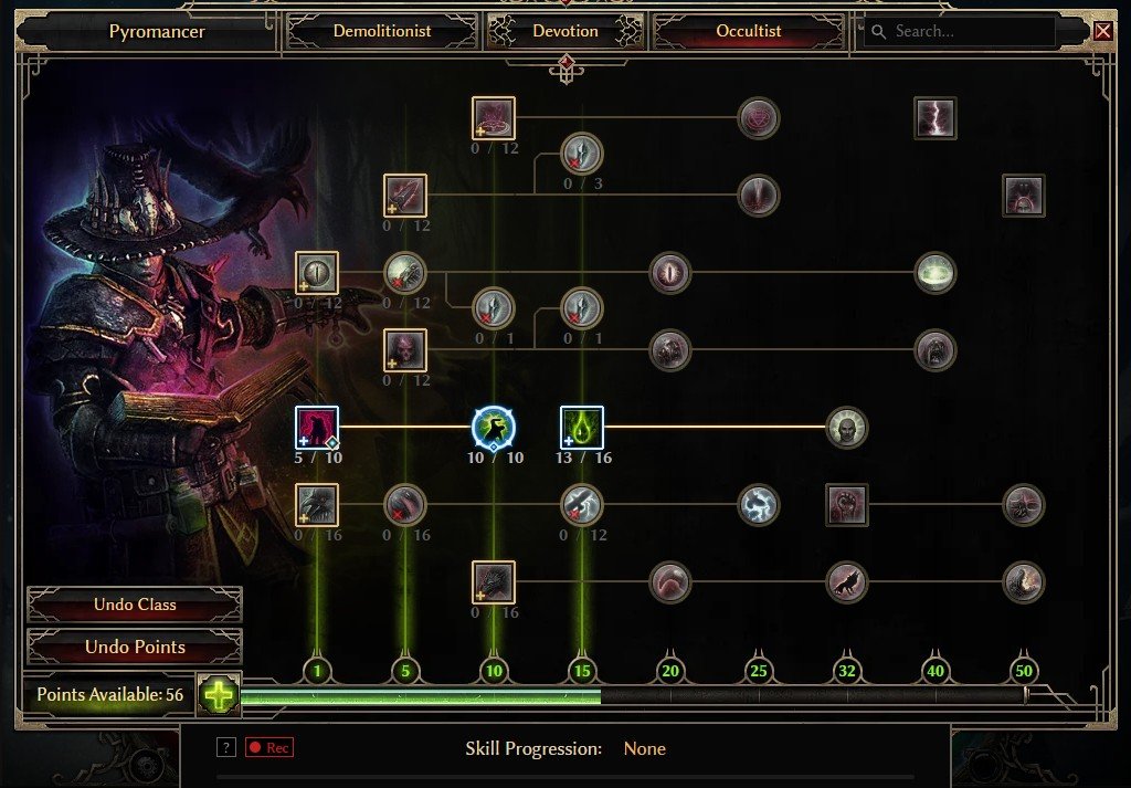 GrimTools Occultist skill tree at level 70 with Blood of Dreeg, Curse of Frailty and Vulnerability invested