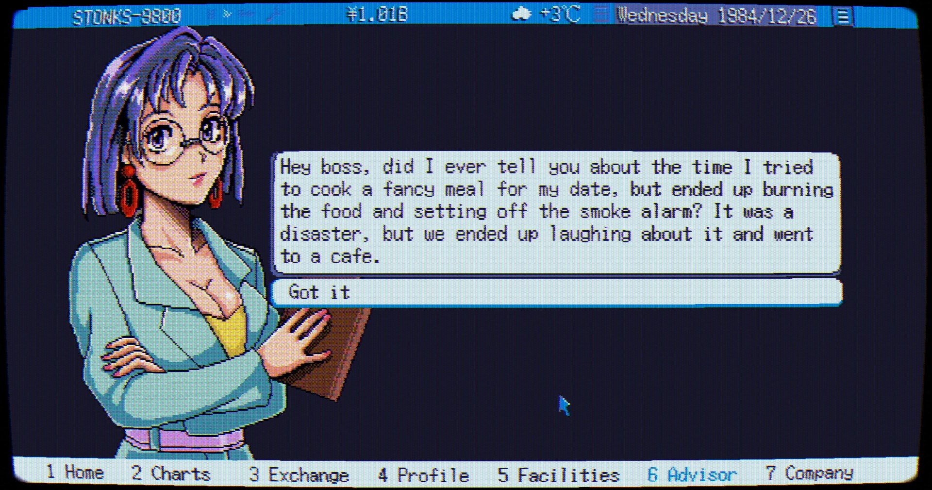 Amy the assistant telling a story in STONKS-9800