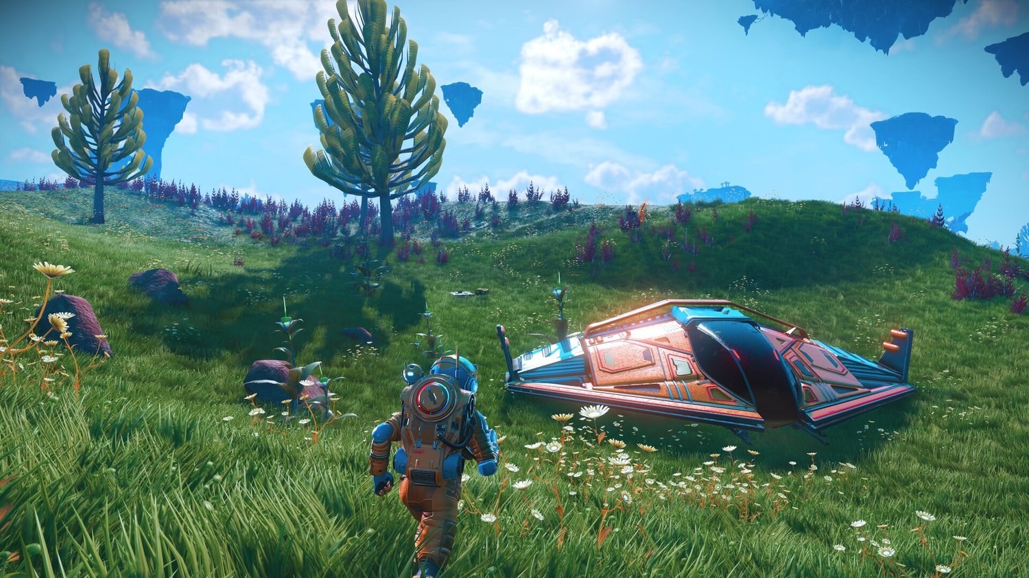 A traveller in an exosuit walking toward a parked starship on a green No Man's Sky planet with floating rocks