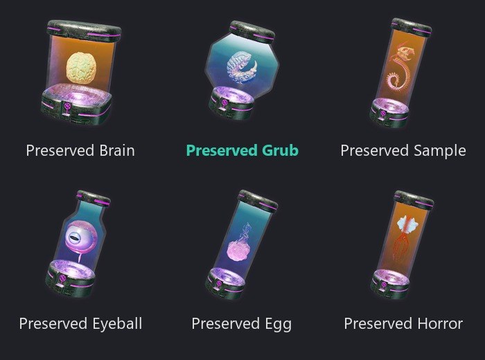 The six haunting memento icons from No Man's Sky Forsaken: Preserved Brain, Preserved Grub, Preserved Sample, Preserved Eyeball, Preserved Egg and Preserved Horror.