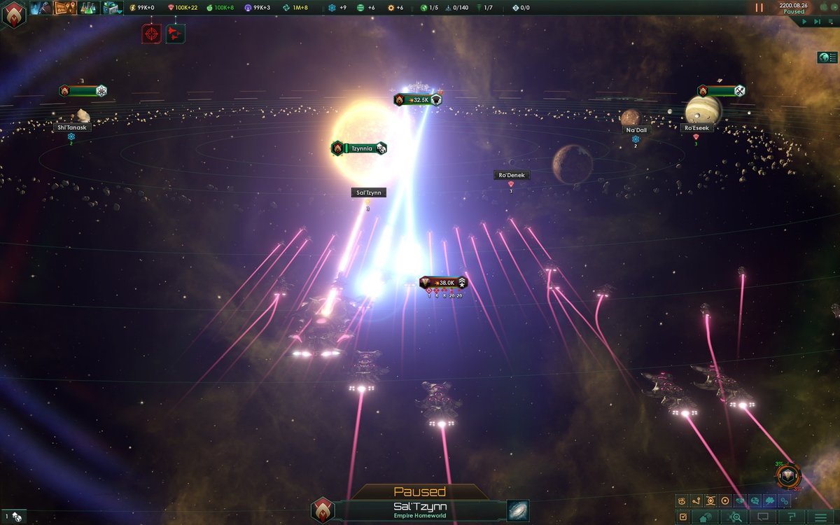 A Stellaris titan firing its Perdition Beam in a fleet battle